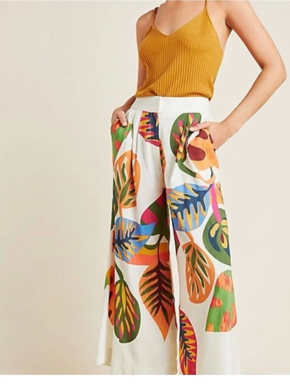 FARM Rio White Wide-Leg Pants with Multicolor Tropical Leaf Print sz small